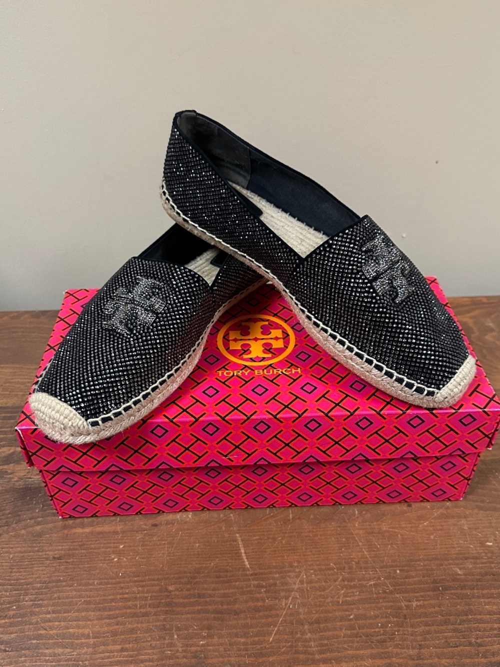 Tory Burch Black Embellished Espadrille Flats Size 10.5